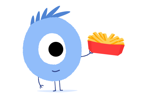 Mascotte Lilo, personnage bleu avec un seul oeil, qui tient des frites dans sa main