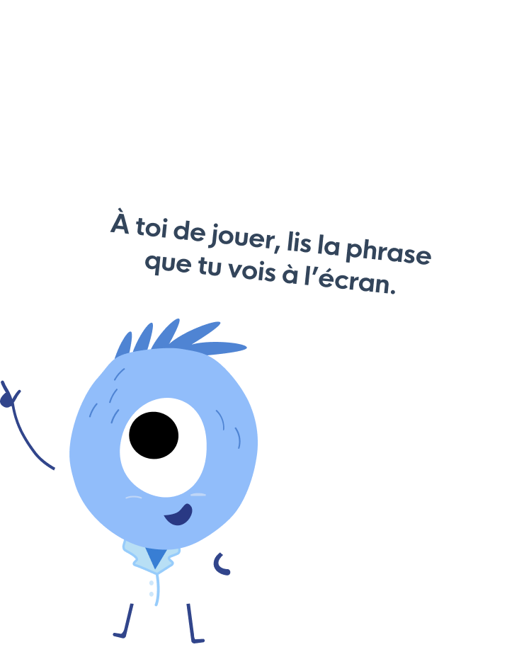 Personnage Lilo qui point du doigt l'écran pour indiquer à l'élève la consigne à suivre : lire la phrase affichée à l'écran à voix haute
