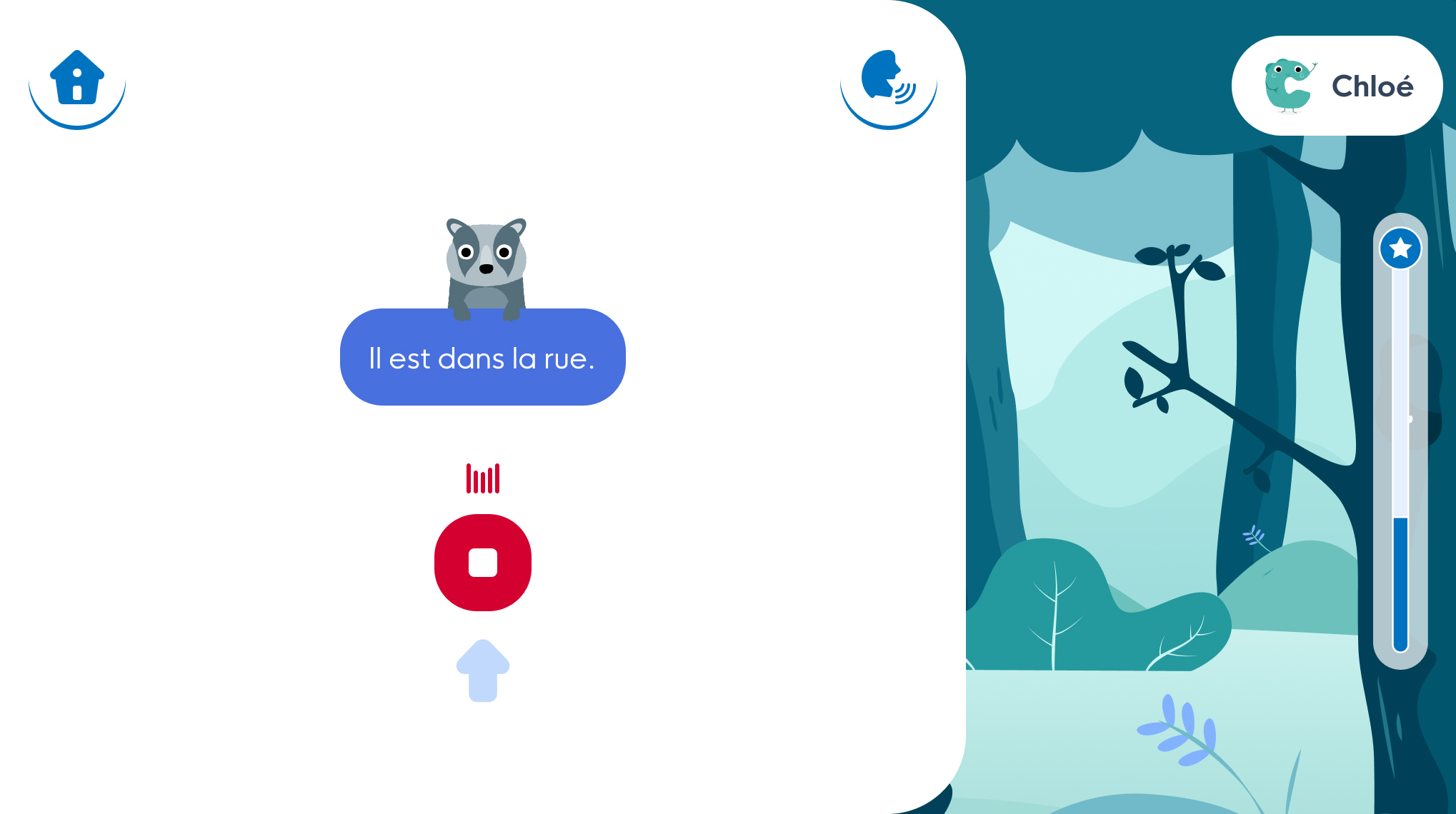 capture d'écran d'un exercice Lalilo où l'élève doit parler dans son micro pour lire une phrase affichée à l'écran